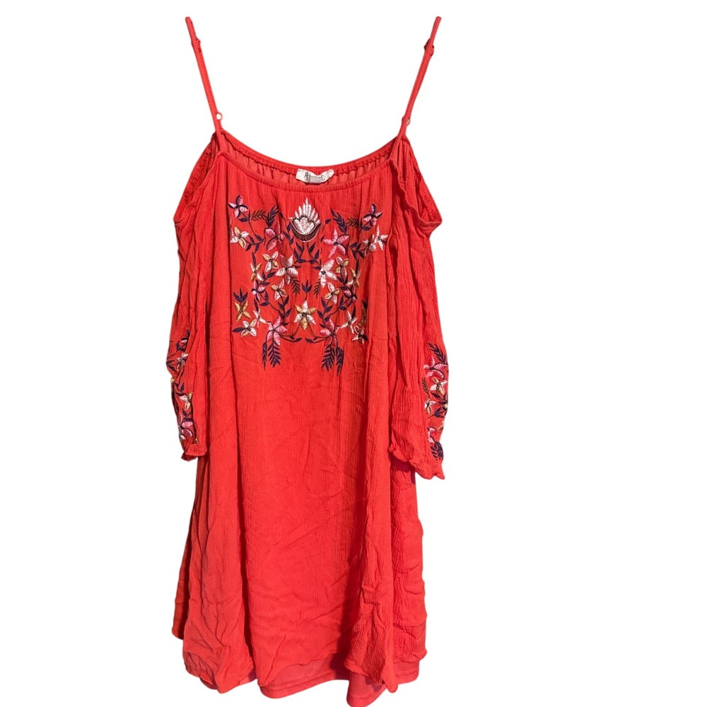 Rebellion Womens‎ Boho Cold Shoulder Embroidered Shirt Coral Red Size Medium